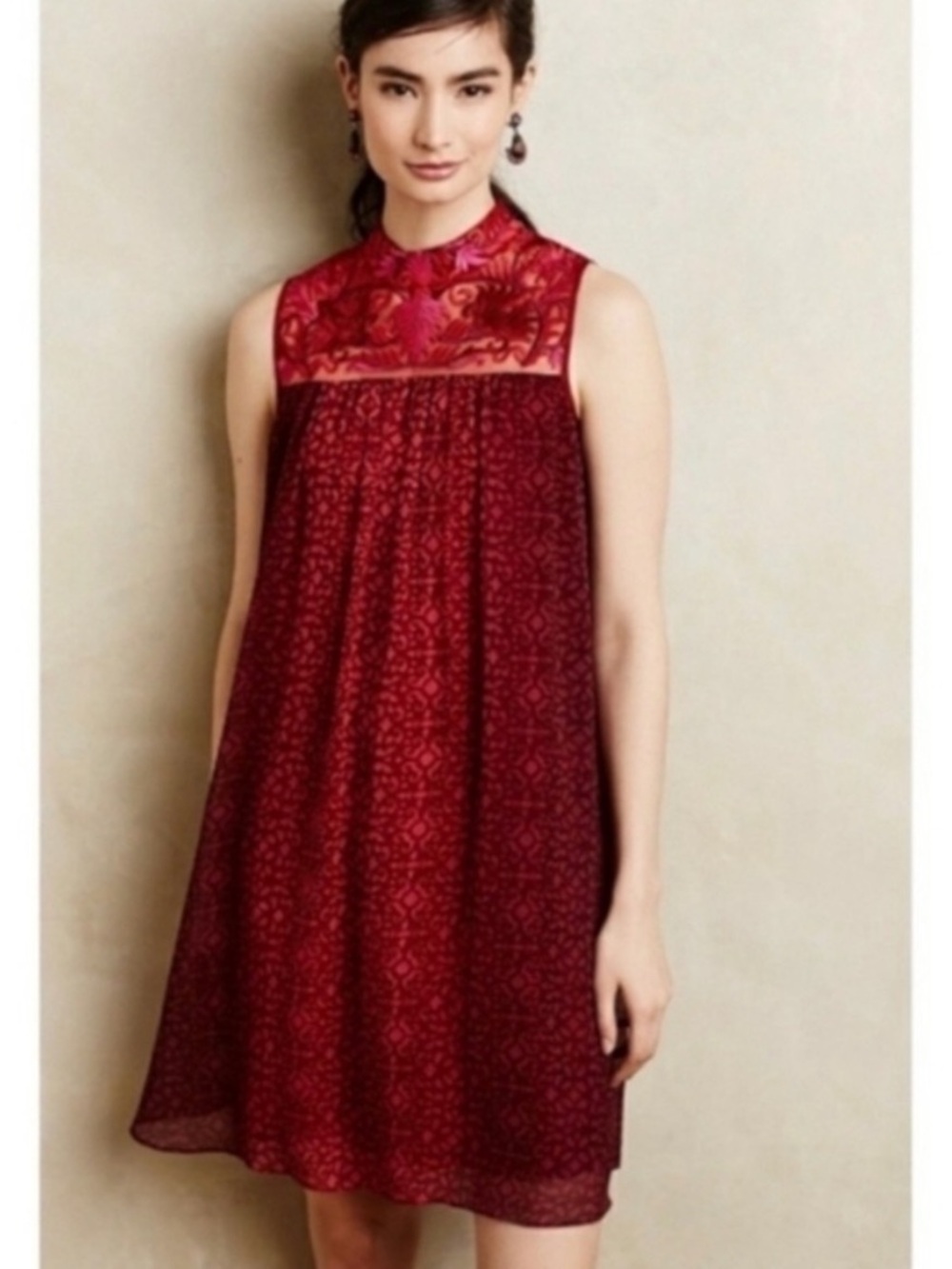 Anthropologie Niki Mahajan Red & Pink Amara Embroidered Boho Mini Dress Sz 2